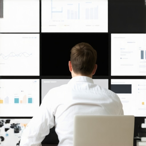 SEO analyst studying local search analytics on multiple screens, illustrating deep data analysis for local SEO.