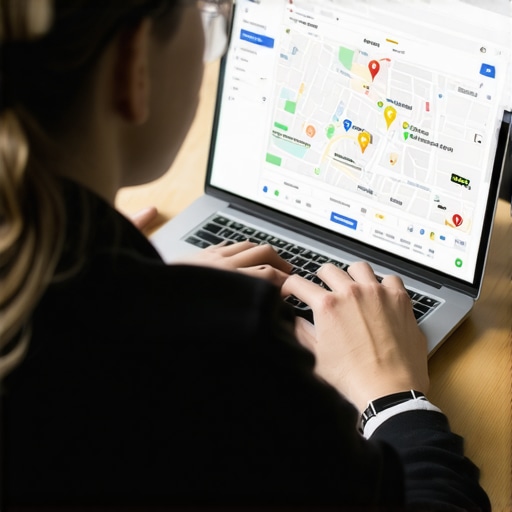 Business owner working on Google Maps listing optimization on a laptop.