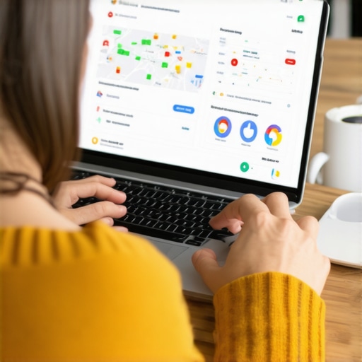 Person working on Google My Business profile on laptop with maps and analytics