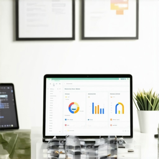 Laptop screen showing local SEO analytics and ranking dashboards in a workspace.