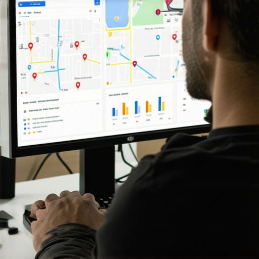 Person reviewing Google Maps and SEO analytics for local business ranking