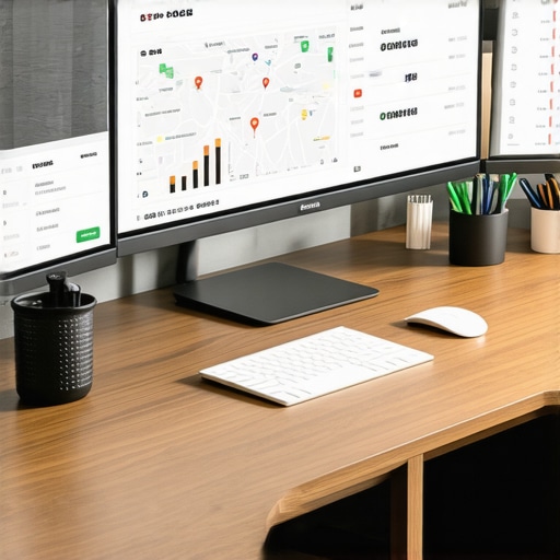 A workspace with multiple monitors displaying SEO analytics, maps, and citation management platforms