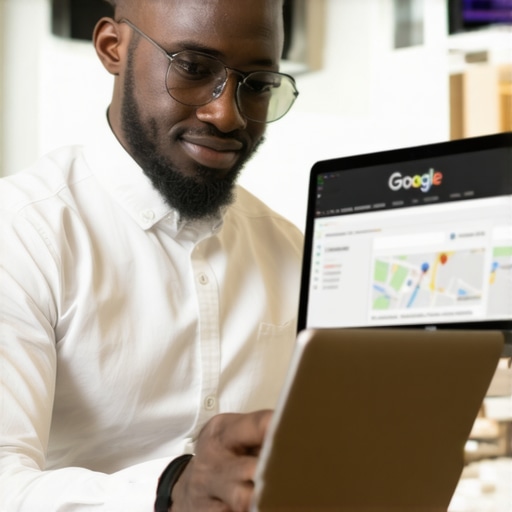Business owner updating Google Maps profile on laptop
