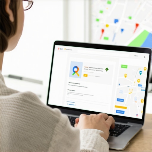 Person editing Google My Business profile on laptop with local map visuals