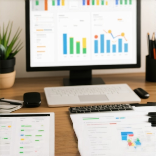 Desk with SEO analytics dashboard, citation tools, and a laptop showing local SEO performance.