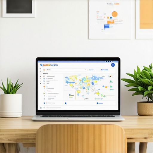Laptop screen showing Google My Business profile with maps and SEO analytics.