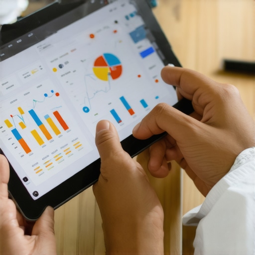 Person reviewing local SEO metrics on a tablet with maps and charts