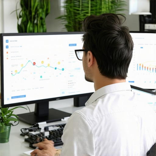 Digital Marketer Monitoring Local SEO Tools An analyst reviewing Google Maps rankings and SEO analytics on dual monitors in an office.