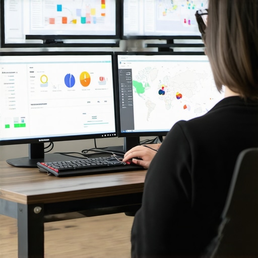 Person analyzing local search performance using analytics dashboards and maps.