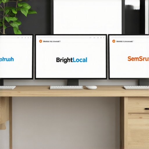 Workspace setup with computers displaying BrightLocal, SEMrush, and Moz Local interfaces, representing local SEO management.