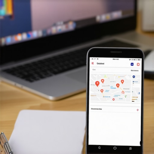 Close-up of a workspace with SEO analytics dashboards, citation management software, and a smartphone showing local map rankings.