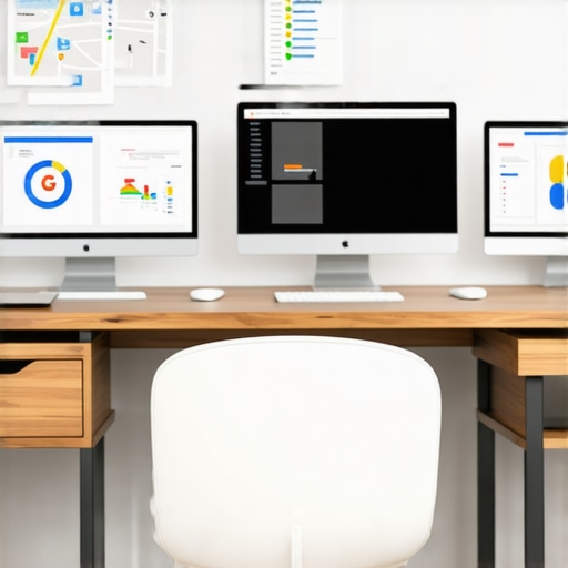 Workspace with open laptop displaying maps analytics and SEO tools