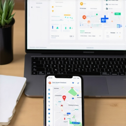 Local SEO Maintenance Desk Setup Desk scene with laptop and smartphone displaying local SEO analytics and Google Maps