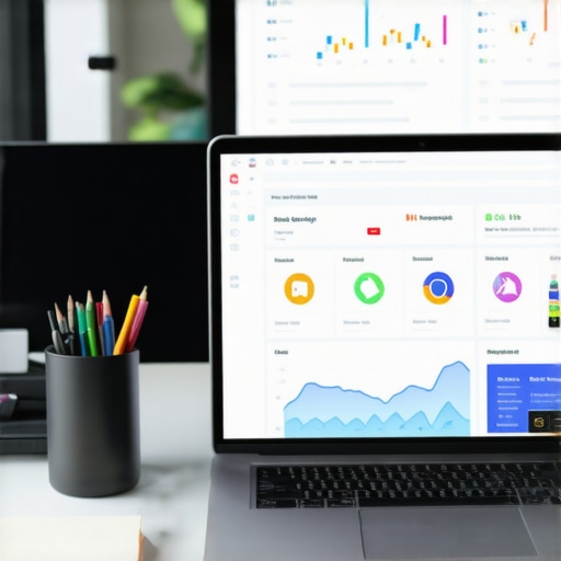 A workspace with SEO software screens showing rank graphs and citation data.