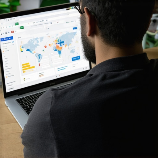 Business owner analyzing local SEO metrics on laptop with charts and maps.