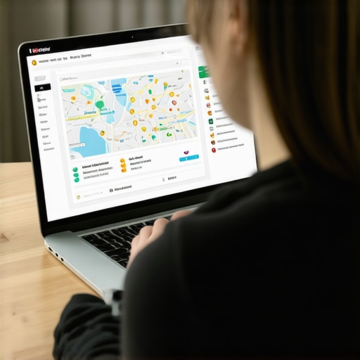 Person analyzing local SEO data on a laptop, showcasing analytics dashboards and maps for ongoing optimization.