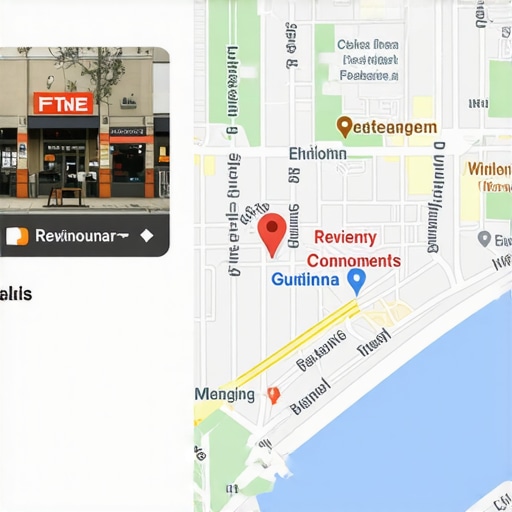 Map with highlighted business profile and engagement data.