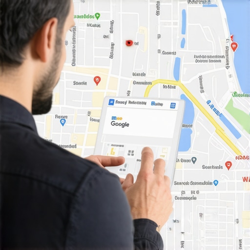 Business owner editing GMB profile with local map in background