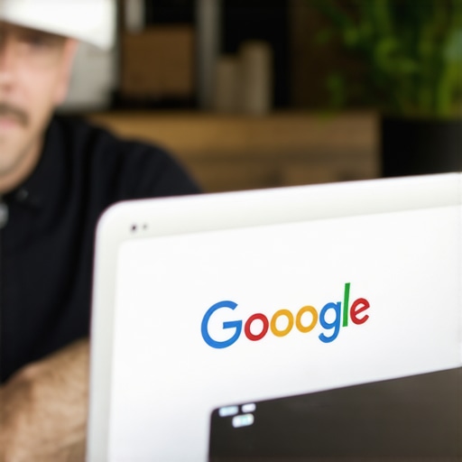 Business owner editing Google My Business profile on laptop laptop with local SEO icons