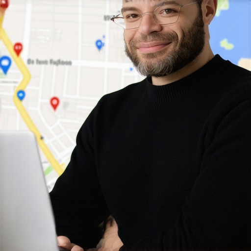 Business owner updating Google My Business profile on laptop in a community map setting.