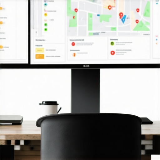 SEO Tools Workspace Workspace with LCD monitor displaying local SEO analytics, maps, and reviews.