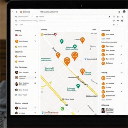 Laptop screen displaying a Google Maps business profile with reviews and location markers.