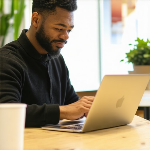 Business owner editing Google My Business profile on laptop at a cafe